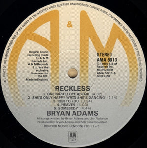 Bryan Adams : Reckless (LP, Album, RE)